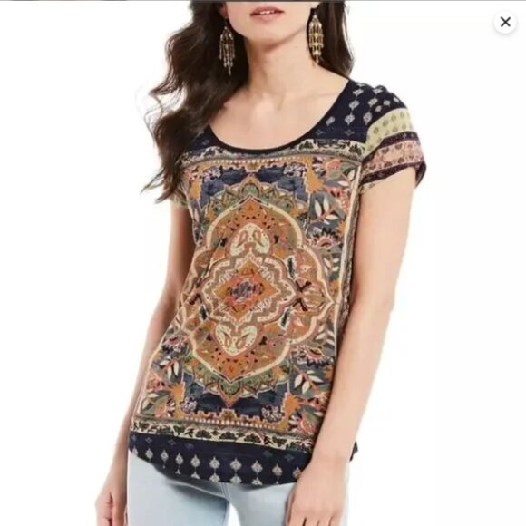 Lucky Brand Persian Carpet Graphic Scoop Neck Short Sleeve Tee Shirt Size XL - Picture 1 of 9